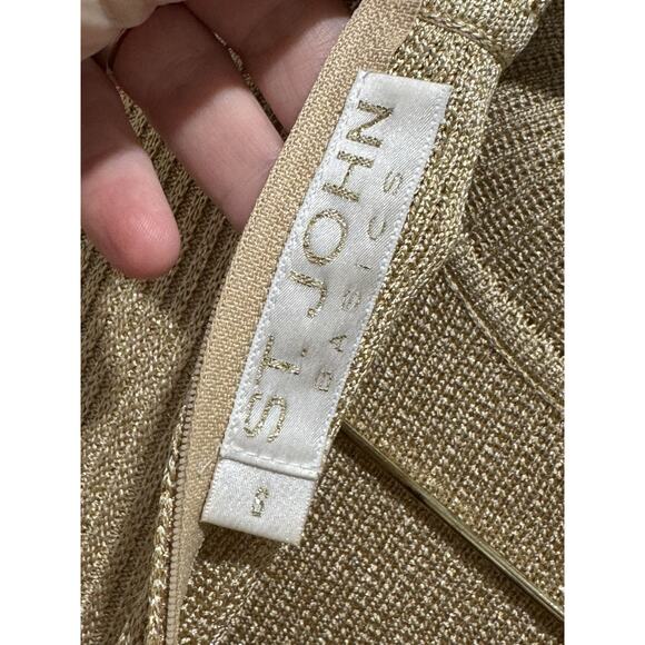 St John Basics Gold Metallic Knit Short Sleeve Scallop Mock Neck Sweater Sz S - Picture 6 of 7